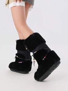 Knee High Boots For Women Mid-Calf Flat Fuzzy Boots Round Toe Slip On Boots Lace Up Bow Comfortable Boots Party Dressy Outdoor Fashionable Fashion Boots - 黑-A - 查看 8