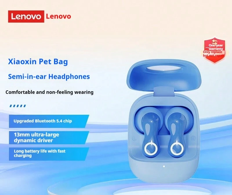 Husă de transport pentru animale de companie Lenovo Xiaoxin, căști wireless Bluetooth 5.4, driver dinamic extra-mare de 13 mm, durată lungă de viață a bateriei, încărcare rapidă, potrivire confortabilă pentru sincronizarea audio-video în jocuri - Albastru - Vizualizare 1