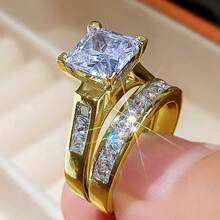 2Pcs Delicate Women's Fashion 925 Silver Plated Zirconia Wedding Ring Set Wedding Band Anniversary Gift Party Valentine's Day Engagement Women Jewelry Size 4-11# - 金色 - 查看 3