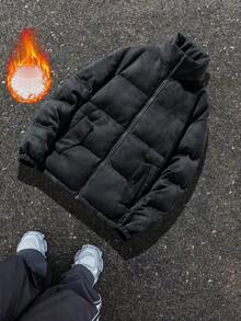 Casaco Acolchoado de Gola Alta para Homens no Inverno, Tecido de Camurça e Pelúcia - Desafia o , Textura Macia e Confortável, Design de Gola Alta, Quente para Atividades ao Ar Livre e Uso Casual Diário