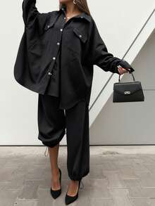 Women's Two Pieces Black Plus Size Shirt & Pants Set, Elegant Casual Style With Button Details, Suitable For Office & Daily Wear, Curve-Friendly Outfit For Fall/Winter, Perfect For Thanksgiving & Christmas Gatherings, Plus Size Elegant Suits