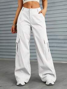 女士纯色工装口袋直筒宽松休闲裤 白色 春季 - 白色 - 查看 2