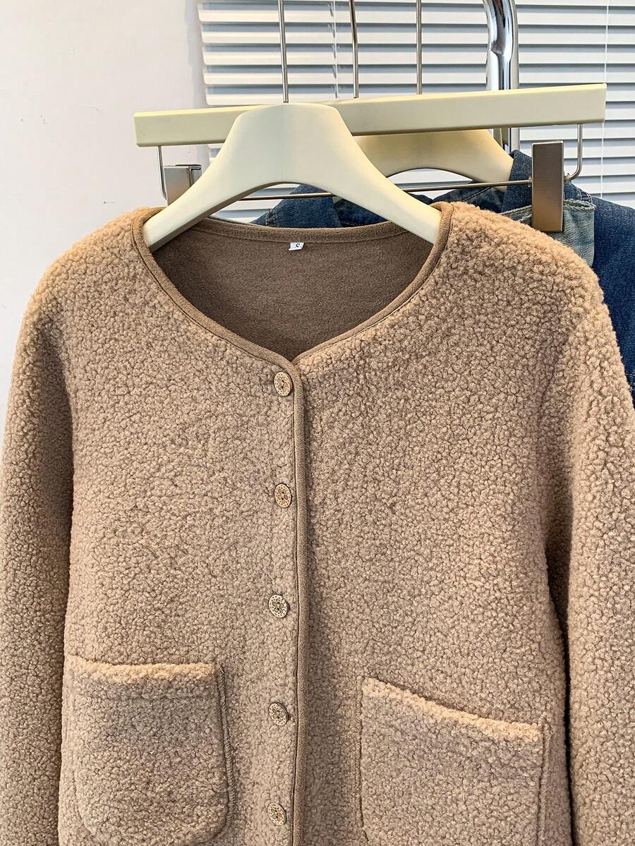 YUXIN Women's Autumn/Winter Fleece Jacket, Round Neck Single-Breasted Faux Fur Coat, Dual Pockets, Multi-Color Casual Daily Commute Outerwear
