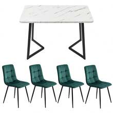 117cm Dining Table Set With 4 Chairs, Rectangular Dining Table, Modern Kitchen Table Set, Dark Green Velvet Dining Chair, Black Table Legs - Green + MDF - View 4