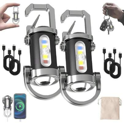 Portable Rechargeable Bright Keychain Flashlight Phone Charger, 1200 Lumens Waterproof Mini EDC Compact Keychains Flashlight, LED USB Torch Light With 7 Modes Type-C For Outdoor Camping (2pcs)