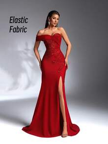 IBTRLY Elegantes Abendkleid mit dehnbarem Stoff, Herzausschnitt, Pailletten und seitlichem hohem Schlitz für Partys, Hochzeiten und Silvester (Größe fällt groß aus, Kunden werden empfohlen, die Größentabelle beim Bestellen zu prüfen) - Bordeaux - Übersicht 3