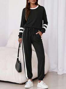 PRETTYGARDEN Women Fall 2 Piece Lounge Outfit Long Sleeve Tops High Waisted Jogger Pants Set Spring Travel Clothes Tracksuit New Years Valentine Vacation Outfit For Women - 黑色 - 查看 5