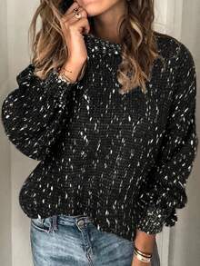 女士休闲撞色圆领长袖喇叭袖口毛衣，秋冬款 - 彩色 - 查看 5