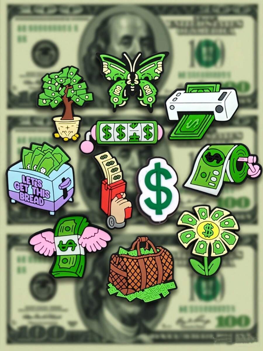 30件/11件 美金系列鞋飾配件－美金、貨幣、鈔票、金錢樹、印刷機、幸運DIY鞋飾/配件－財富祝福禮物，適合洞洞鞋/涼鞋，夏季假期禮物、度假必備、畢業派對、開學季 - 美元系列B - 查看 1