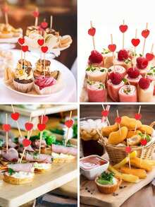 100 piezas Palillos de dientes con forma de corazón para fruta, palillos de cóctel de bambú con forma de corazón para el Día de San Valentín, palillos de dientes de bambú natural, adecuados para aperitivos, pasteles de frutas, postres, bocadillos de barbacoa, sándwiches, etc. para fiestas del Día de San Valentín. - Multicolor - Ver 6