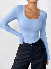 PRETTYGARDEN Women Spring And Fall Long Sleeve Shirts Clothes Cute Going Out Tops Ribbed Tight Fitted Plain Basic Tee Tshirts Vacation Outfits For Women - 天空藍 - 查看 2