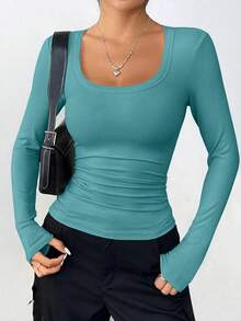 PRETTYGARDEN Women Spring And Fall Long Sleeve Shirts Clothes Cute Going Out Tops Ribbed Tight Fitted Plain Basic Tee Tshirts Vacation Outfits For Women - 孔雀綠 - 查看 1