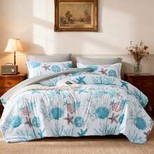 5/7pcs Starfish Shell Printed Bed Comforter Set, 100% Microfiber Soft Breathable Winter Bedding Set, Comfortable And Durable, Include 1 Comforter+1 Flat Sheet+1 Fitted Sheet+1/2 Pillowcases+1/2 Pillowshams,All-Season, Bed In A Bag,Best Christmas Gift - Blue-bZ15 - View 13