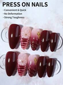 24pcs Almond-Shaped 3D Gel Nail Stickers, Floral Nail Art Design, French Tip Style, Medium-Sized Metallic Cross Decor, Faux Pearl Accent, Perfect For Acrylic Nail Tips, Includes: 1pc Jelly Gel & 1pc Nail File, Leopard Print & French Manicure, Suitable For Women's Daily, Holiday Party, Etc. Nails Nail Supplies - Burgundy - View 3