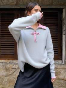 Livesso 女士撞色韩版休闲长袖毛衣，秋冬款 - 灰色 - 查看 5