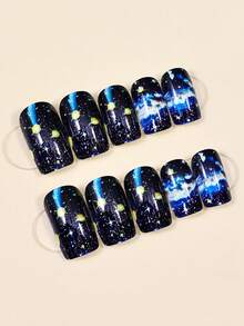 24 miếng dán móng tay hình vuông màu xanh dương họa tiết mây và hành tinh, chất liệu acrylic, dùng cho móng giả, thích hợp sử dụng hàng ngày. - Nhiều màu - Xem 7