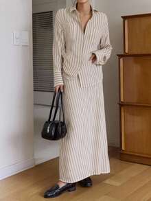 DAZY Women's Casual Striped Shirt And Skirt 2 Pieces Set Lounge Sets For Women - Apricot - View 5