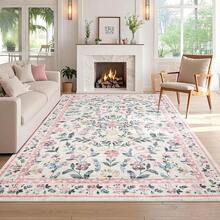 Meiyiu Washable Runner Rug 2x6/5x7/8x10/9x12/10x13ft Non-Slip Non-Shedding Soft Vintage Bedside Rug, Low Pile Farmhouse Floral Carpet, Indoor Foldable Printed Entryway Rug For Hallway Kitchen - Pink-5*7FT - 查看 1
