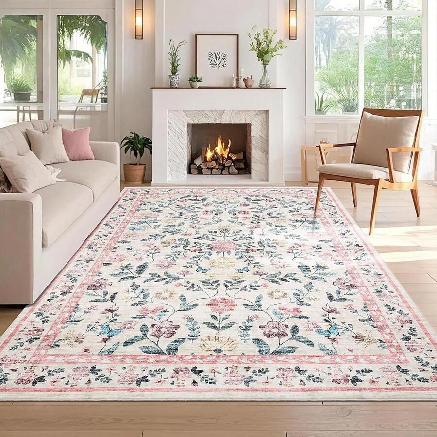 Meiyiu Washable Runner Rug 2x6/5x7/8x10/9x12/10x13ft Non-Slip Non-Shedding Soft Vintage Bedside Rug, Low Pile Farmhouse Floral Carpet, Indoor Foldable Printed Entryway Rug For Hallway Kitchen - Pink-5*7FT - 查看 1