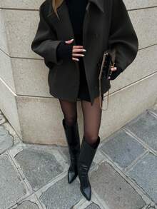 Versatile Solid Khaki Front Button Pocket Ribbed Women Wool Blend Jacket, With Pockets, Elegant & Versatile, Suitable For Daily And Fashionable Street Wear In Autumn/Winter, Office, Business Casual, And Campus Wear