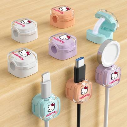 SANRIO 6ชิ้น คลิปสายเคเบิลแม่เหล็ก Hello Kitty, ตัวจัดระเบียบสายเคเบิลแบบปรับได้, เหมาะสำหรับจัดการสายเคเบิลใต้โต๊ะ, ของตกแต่งอัญมณีสังเคราะห์, ที่วางสายชาร์จแบบมีกาวในตัวสำหรับบ้าน, สำนักงาน, โต๊ะทำงาน, ผนัง, ข้างเตียง