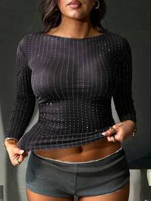 音乐嘉年华大码女式时尚性感闪亮水钻透视辣妹修身优雅百搭长袖圆领上衣