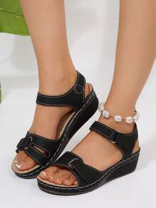 New Vintage Women Sandals, Perforated Design, Round Toe, Wedge Heel, Comfortable