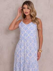 Women's Long Viscose Dress With Adjustable Straps - Blue and White - View 4