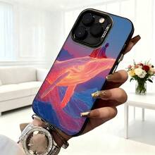 Cubierta de telefono con borde negro y diseño de ballena arco iris en tonos azules y rosados para iPhone 14 Pro Max estilo moderno ideal para uso diario en cafeterias y salas de estar - Negro - Ver 6