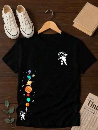 Camisa Juvenil e Infantil Astronauta Flutuando Menino Menina Varias Cores Premium Top 100% Algodão Streetwear Lançamento Camiseta Blusa 2 4 6 8 10 12 14 16