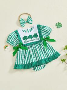 Mi primer atuendo para el Día de San Patricio para bebé niña, vestido de pelele a cuadros con bordado de trébol, manga corta abullonada, lazo, falda de lino con volantes, mono de lino de algodón, vestidos de princesa, ropa irlandesa para recién nacida con diadema. - Verde - Ver 5