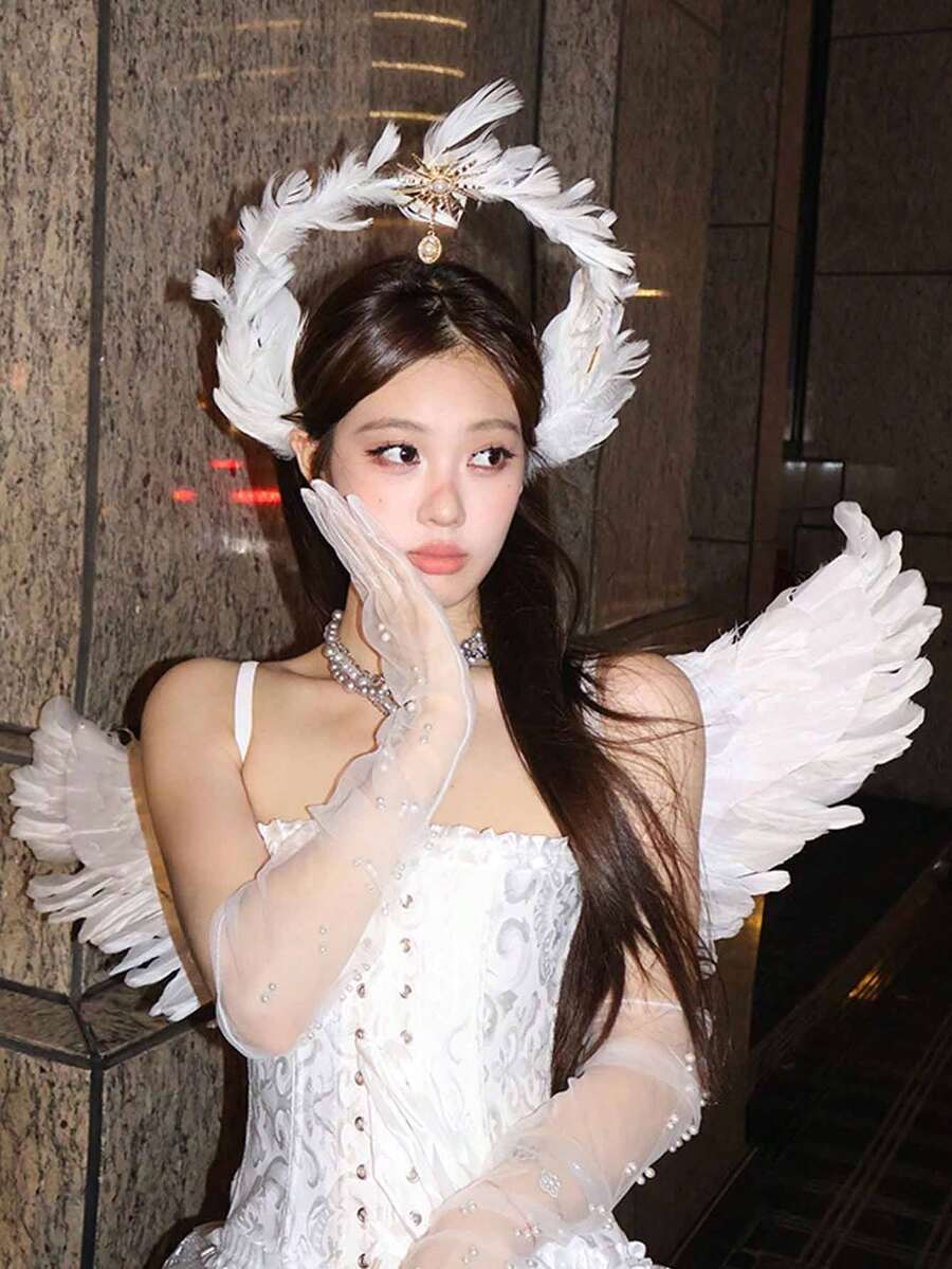 一套白色天使仙女翅膀羽毛双层发带套装,节日派对服装配饰,女士服装套装道具,发饰,舞台表演服装道具,情人节派对角色扮演婚礼羽毛翅膀道具 - 彩色 - 查看 1