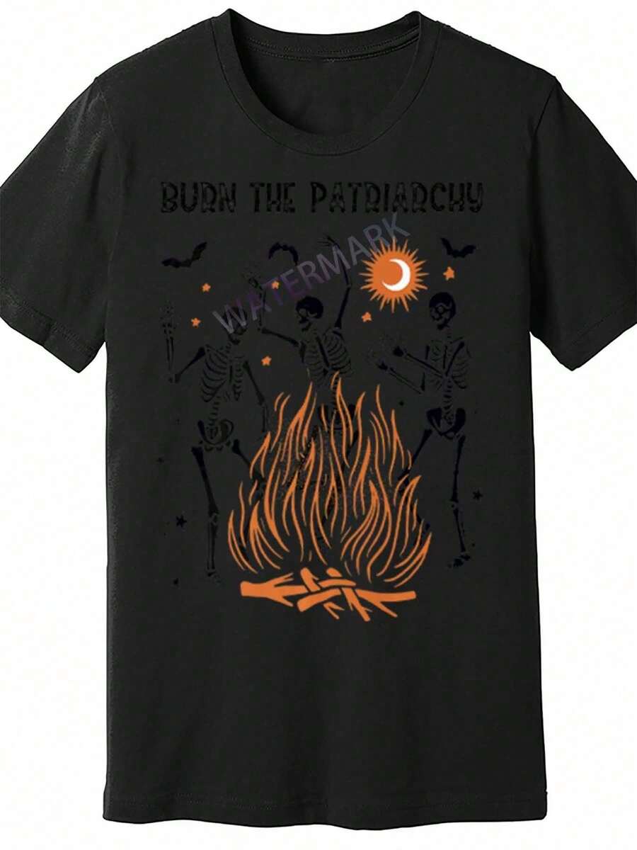 Men's T-Shirt Burn The  - Funny  Skeleton Design, Black Cotton Short Sleeve Shirt, Casual & Comfortable Fit, Machine Washable, All Year Round T-Shirt Skeleton Print Shirt Cotton T-Shirt - Black - View 1