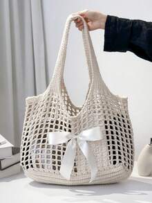BAIZE Lightweight Casual Hollow Beach Bag,White Bag Woven Shopping Crochet Tote Bag, Large Capacity Handbag, Suitable For Travel, Outdoor And School.Travel Essentials,Holiday Essentials,Multifunctional Kitchen Storage Lunch Bag, Suitable For Beach Vacation Or Easy Carrying, Elegant Wedding Season