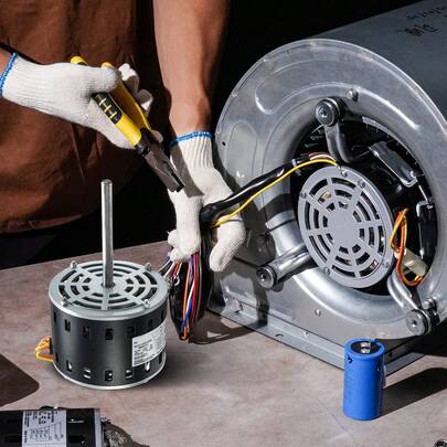 1/3HP Furnace Blower Motor, 110/120V 4.4Amps, 1075RPM 4 Speeds, CW/CCW Rotation, 48 Frame 5.2" Shaft Length, 5μF/370V Capacitor + 11" Hold Hoop