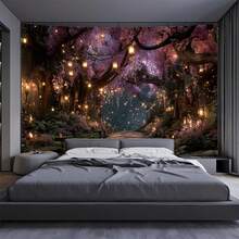 1 Magic Forest Tapestry - Charming Purple Cherry Blossom Tree And Glowing Lantern Wall Decoration, Horizontal Fantasy Landscape Painting, Suitable For Living Room, Bedroom, Studio Background Tapestry, No Power Required, Easy To Hang And Install, Suitable For Both Indoor And Outdoor Use, High-Quality Printing, Mysterious Atmosphere, Home Decoration, Event Arrangement - 彩色 - 查看 2