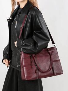 Retro Minimalist Large Capacity Fashion Student/Work Commute Tote Bag - Burgundy - View 7