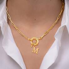 1pc Classic Simple Initial Pendant Spring Buckle Golden Stainless Steel Paper Clip Chain Necklaces For Women - Yellow Gold - View 1