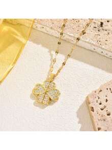 1件镀金不锈钢首饰，镶嵌立方氧化锆幸运草吊坠项链，法式甜美浪漫韩式优雅复古时尚百搭，女士礼物，适合街头、日常、假日、派对佩戴（OPP袋包装） - 金黃色 - 查看 4