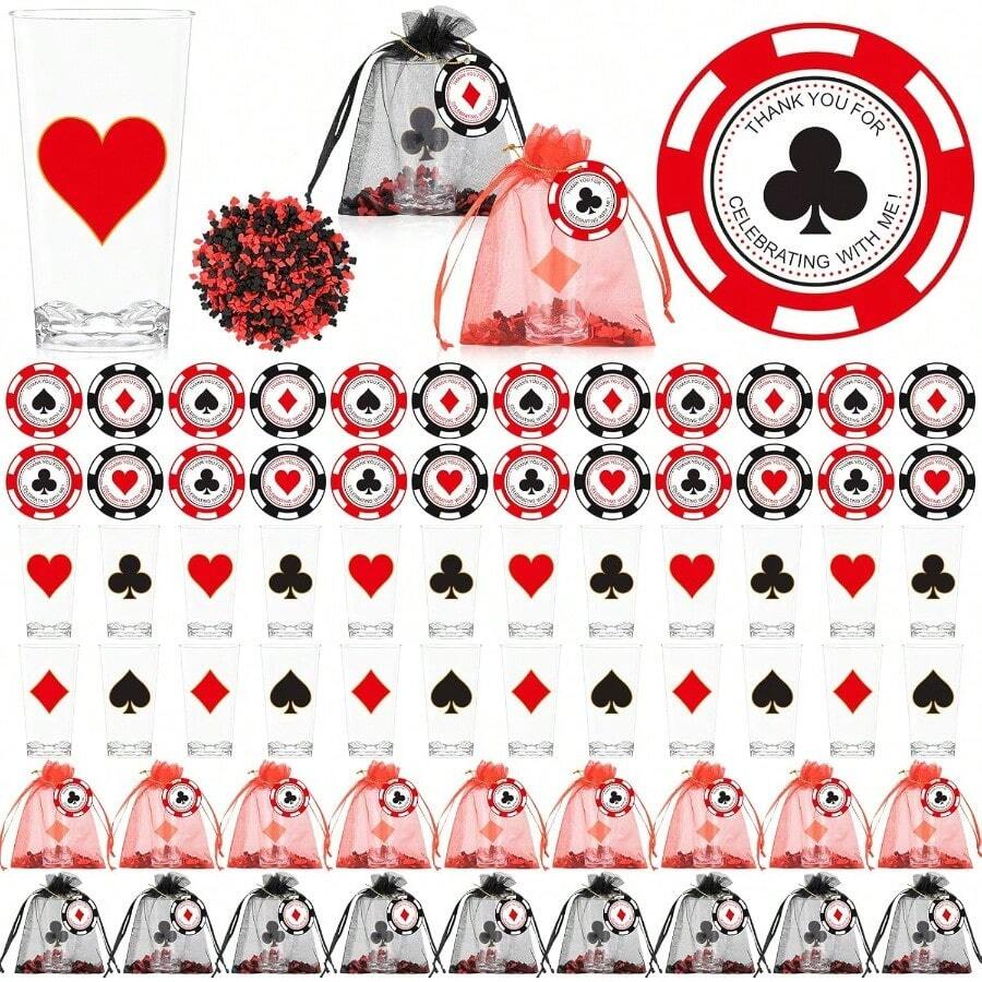 D97 Pcs Casino Party 2 Oz Cups Gift Bulk With Organza Bag And Greeting Card Casino Night Theme Souvenirs For Birthday Las Vegas Game Night Decoration Poker Cards Chips Drinking Small Cups - như hình ảnh - Xem 1