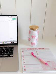 Pink Bow Matcha Coffee Glass Straw Cup, Iced Beverage Glass Straw Cup, Home Water Drinking Glass Cup, With Pink Bow Pattern Girly Glass Straw Cup - Multicolor - View 4