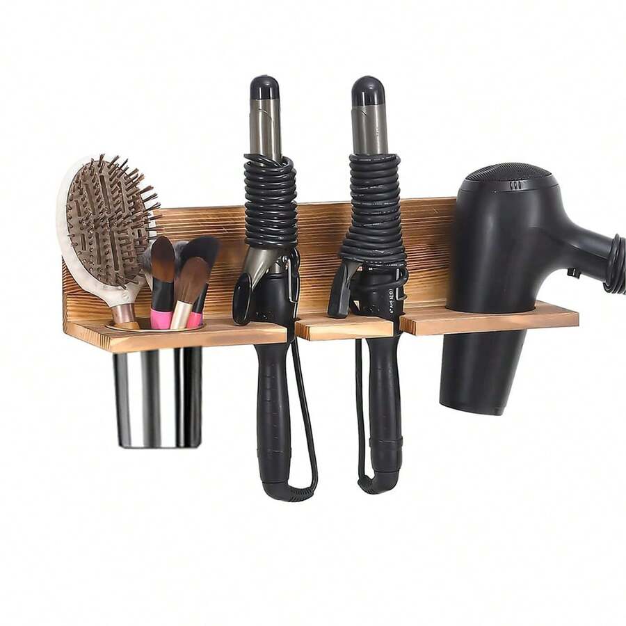 Wall-Mounted Hair Styling Tool Rack, Sturdy Pine Wood Construction, Detachable Stainless Steel Cup, Suitable For Storing Hair Dryers, Straighteners, Curling Irons, Combs, Etc., Brown. - 棕色 - 查看 1