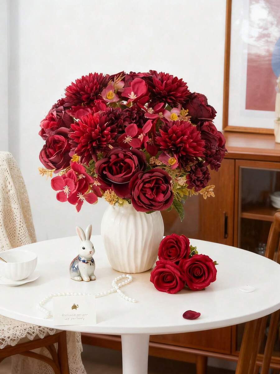 1/80pcs 11.81 Inch Artificial Silk Hydrangea, Peony, Rose, Chrysanthemum Flowers, Realistic Flowers For DIY Wedding Bouquets, Party, Home Living Room, Kitchen, Garden, Hotel, Office, Thanksgiving Decor, DIY Wreaths, Gifts, Tabletop Centerpieces, Birthday Decor, Indoor/Outdoor Decoration, Loose Fake Plastic Flowers For Vase, Farmhouse Decor, Boho Wedding, Rama Decor, Valentine's Day Gifts - Burgundy - View 1