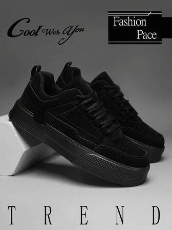 Men's Minimalist Solid Color PU Patchwork Design Low-Top Skateboard Shoes, Versatile Comfortable Outdoor Hiking Casual Sneakers