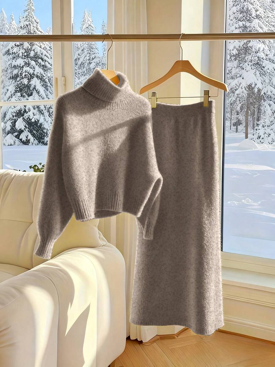 女士休闲针织毛衣长裙套装，高领套头毛衣搭配长款半身裙，纯色，秋冬款