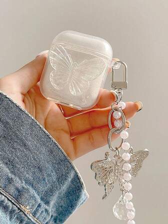 1pc Minimalist Transparent Glitter 3D Butterfly Shockproof Earphone Case + Butterfly Rhinestone Decor Bluetooth Earphone Charging Case Protector Compatible With Apple 1st/2nd/3rd/Pro/Pro 2nd Gen, Creative Design For New 4th Gen