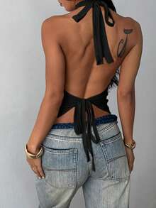 1pc Solid Color Knit Backless Tie-Up Women Blouse, Suitable For Beach, Date Night, All Seasons Black Summer - Black - View 2