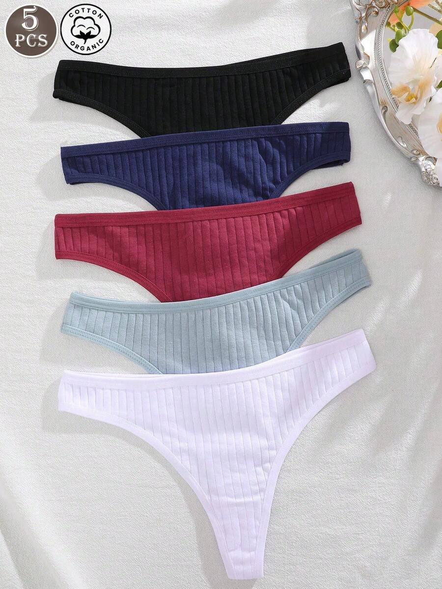 5 chiếc/gói quần lót dây đan gân màu trơn đơn giản gợi cảm - Nhiều màu - Xem 1