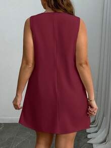 Plus Size Women Sleeveless Solid Color Bow Knot Casual Midi Dress, Suitable For Spring, Summer, Autumn - Purple - View 4