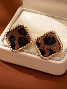 1对时尚豹纹耳钉，女士款，休闲百搭 - 彩色 - 查看 3